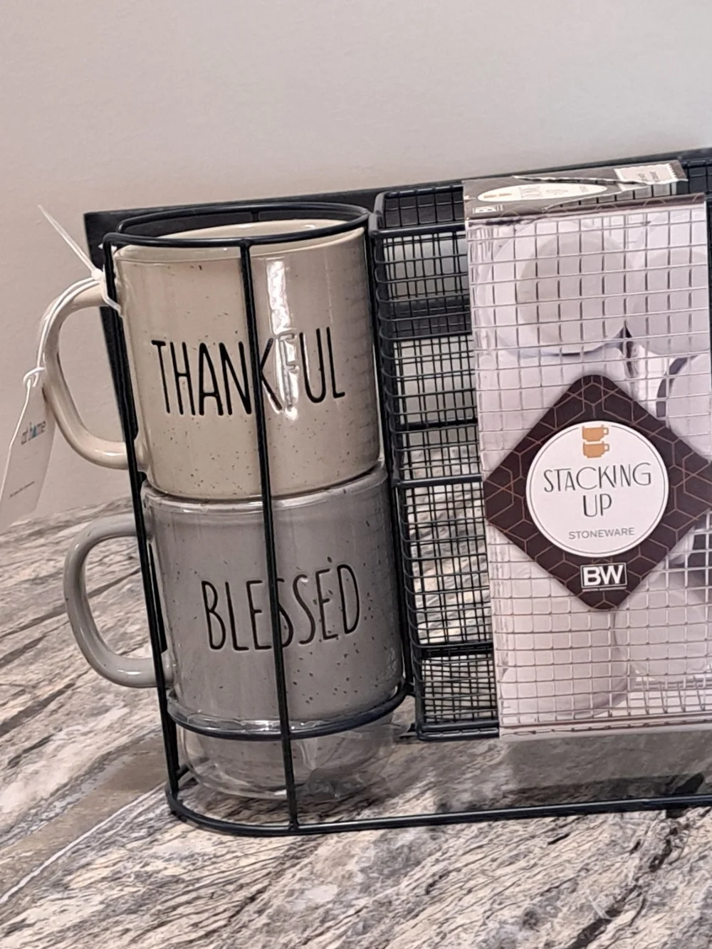 Stacking Ceramic Coffee Mug Set with Metal Carrier